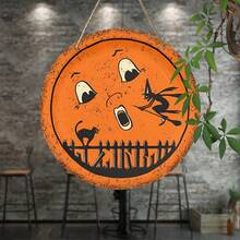 Vintage Halloween Moon And Black Cat Round Wooden Sign - Rustic Style Orange Wall Art With Witch And Cat Silhouette - View 5