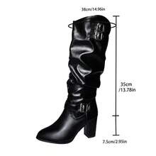 Black Ruched Slouch Knee High Boots, Double Buckle Block Heel Riding Boots, Punk Style Side Zipper Over-The-Calf Boots For Fall Winter - Black - View 8