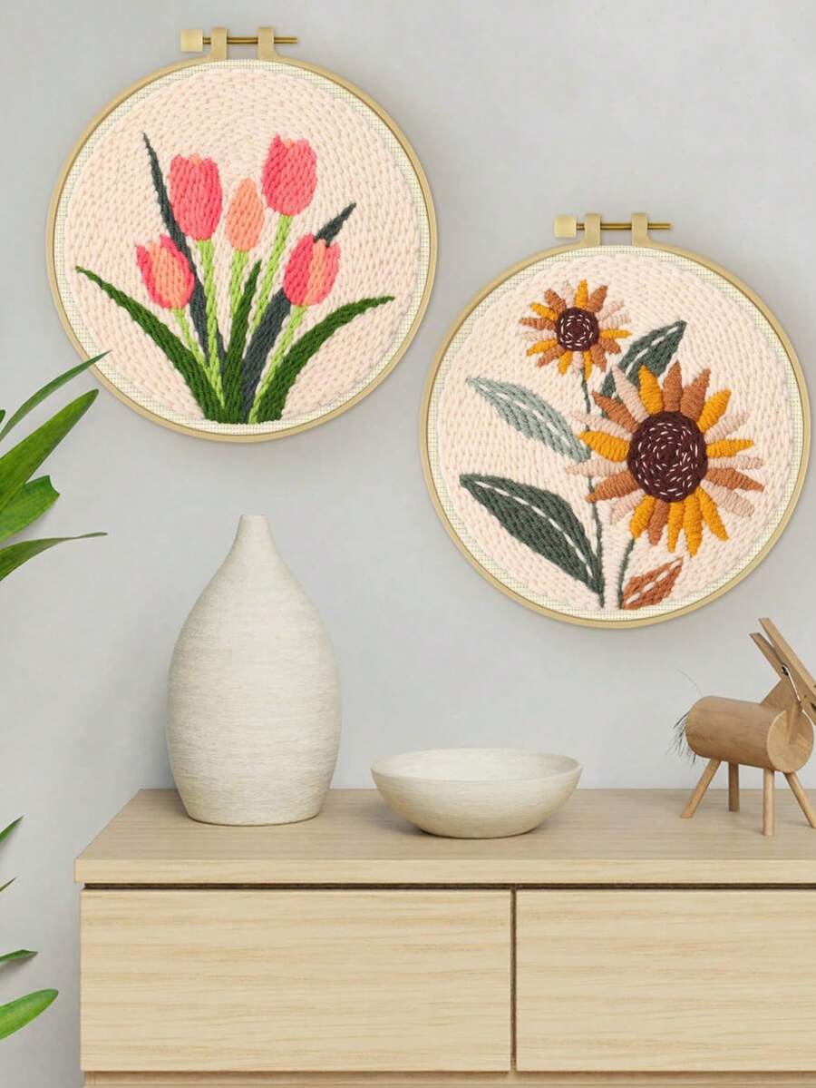 1 Set Adult & Beginner Embroidery Kit, DIY Simple Floral Embroidery Set, Suitable For Beginners, Handmade Art Craft, Handmade Floral Wall Hanging Set, Beginner Embroidery Room Decor Set, Suitable For Home Decor, Holiday Gift - Multiple Styles - View 1