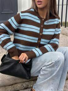 Women's Casual Striped Contrast Color Cardigan Sweater, Suitable For Leisure, Vacation, Daily Dates, Autumn/Winter - Multicolor - View 5