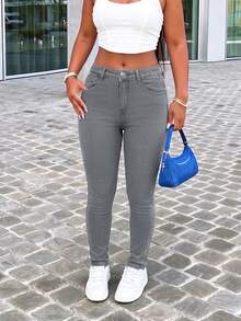Women's Minimalist Versatile Solid Color Denim Cropped Pants, Personalized Elastic Tapered Leg - Light Grey - View 3