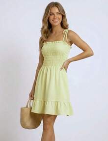 Elastic Waist Tie Strap Ruffle Dress Casual Fabric Ruched Tie-Up Dresses Evening Spring And Summer - 奶油黃 - 查看 1