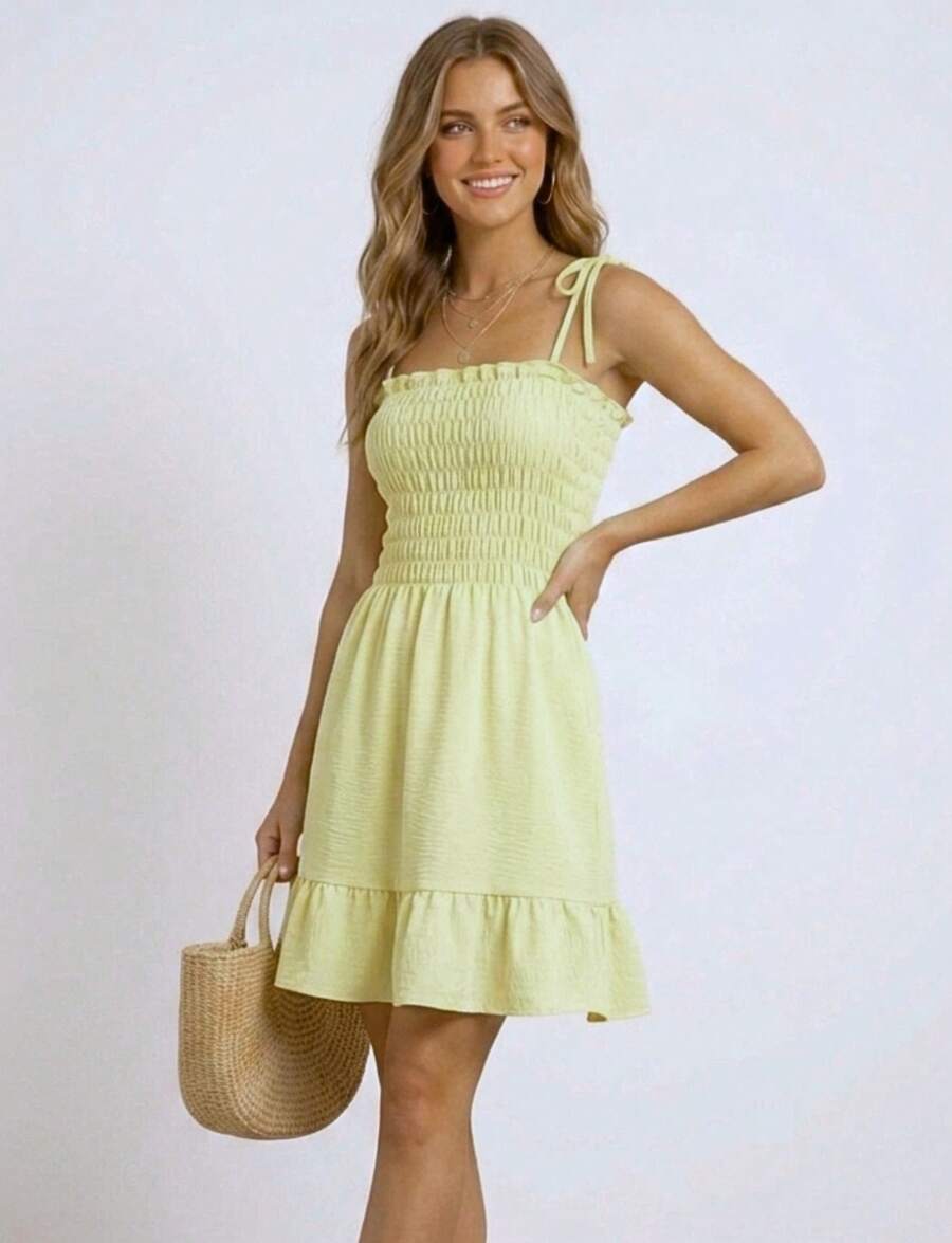Elastic Waist Tie Strap Ruffle Dress Casual Fabric Ruched Tie-Up Dresses Evening Spring And Summer - 奶油黃 - 查看 1