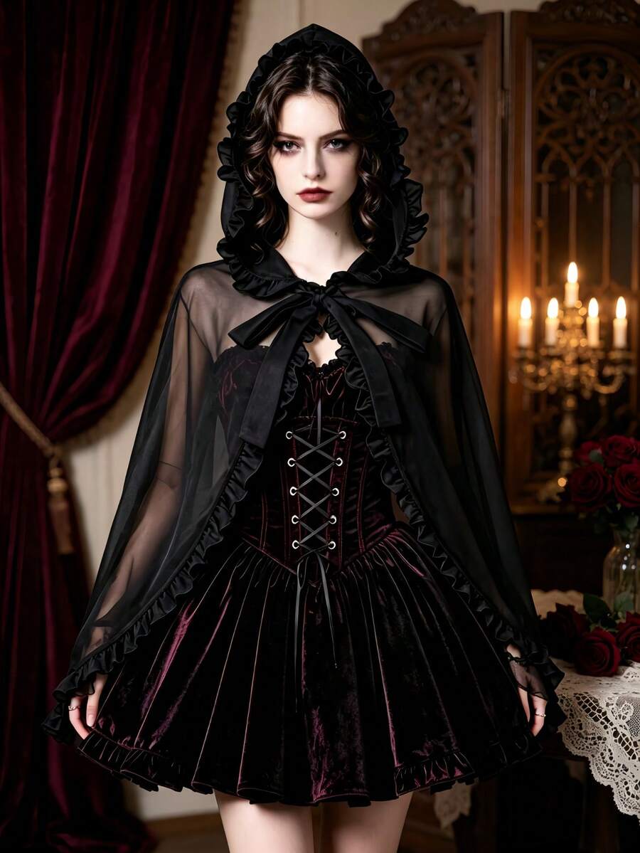 Selendang Jala Berkerudung Ruffle Gaya Gothic Gelap untuk Wanita, Jubah Pendek Lolita Bertali untuk Halloween, Pakaian Luar Vampir - Hitam - View 1