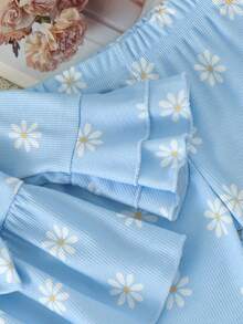 2pcs Baby Girl Fresh Daisy Print Bow Flare Long Sleeve Top And Pants Set, Thin Mori Style - Baby Blue - View 6