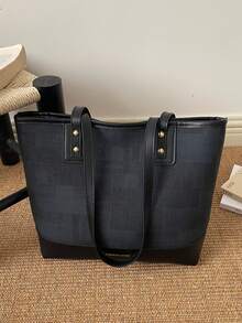 Bolsa Tote Texturizada de Ombro 2026 Nova Moda Executiva, Grande Capacidade, Estilo Coreano Retrô, Bolsa Grande Feminina para Viagem - Preto - Visão 9