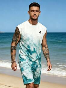 Men's Digital Print Sleeveless Tank Top And Shorts Set - Multicolor - View 2