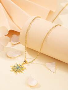 1pc Vintage Gold Color Stainless Steel Sunburst Turquoise Pendant Necklace With Copper Charm For Women Boho Party Daily Jewelry Gift - Multicolor - View 2