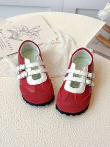 Kids Red White Contrast Double Buckle Non‑Slip Soft Sole Casual Flat Shoes - Red - View 3