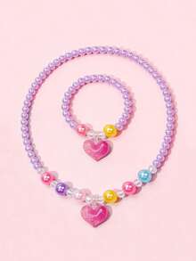 2pcs/Set Cute Princess Heart Pendant Necklace & Beaded Bracelet Jewelry Set For Kids, Suitable For Daily Wear, Party, Birthday Gift - one-size - View 6