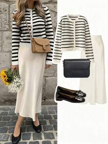 Women's Elegant Striped Crew Neck Knit Cardigan, Versatile Fashion Casual Sweater, Retro Jacket For Commuting, Autumn Fall - Black and White - View 5