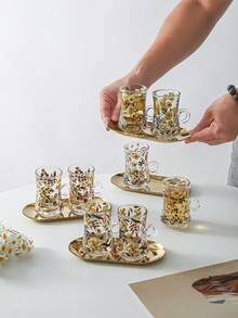 2件組復古花卉曲面玻璃馬克杯完整套裝，附1個金色橢圓不鏽鋼托盤，4款花卉圖案可選，耐熱硼矽酸鹽茶咖啡杯，居家裝飾與禮品 - 彩色 - 查看 1