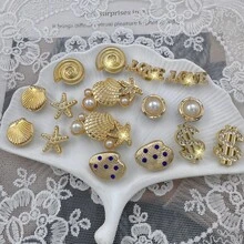 16件組金色海星貝殼硬幣鞋飾，可拆卸花園鞋與涼鞋配件，節日禮物 - 金色 - 查看 3