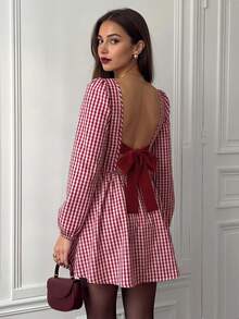 Vintage Style Backless Bow Plaid Dress - Red - View 2