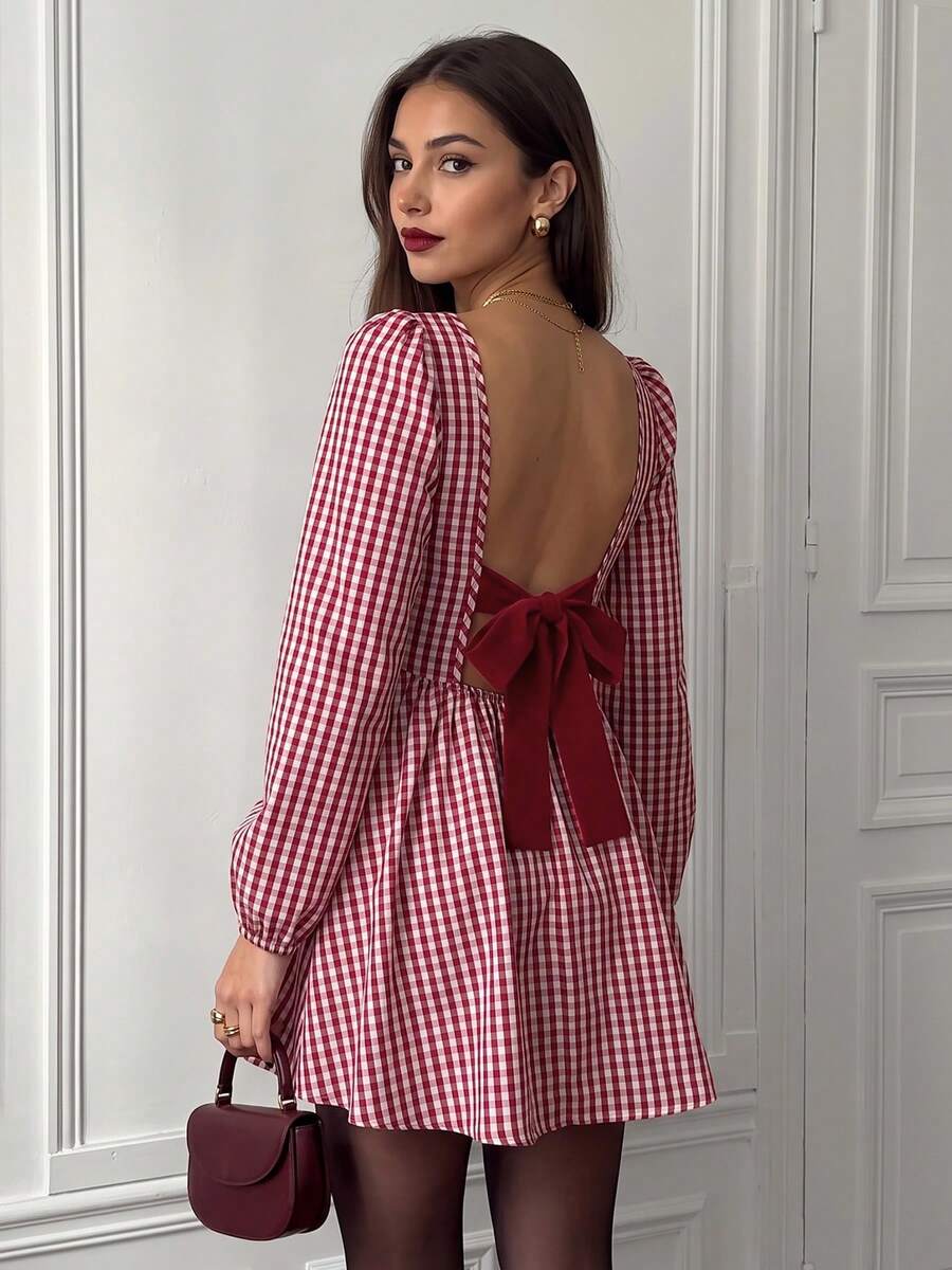 Vintage Style Backless Bow Plaid Dress - Red - View 1