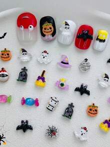 20pcs New Random Assorted Halloween Cartoon Nail Art Charms, Funny Magic Ghost Pumpkin DIY Nail Rhinestone Accessories, Same As Nail Salon Style - Multicolor - View 1