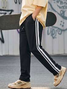 Men's Black Casual Sports Pants, Drawstring Waist With Side Stripe Design, Versatile Straight Leg, Autumn Style - Black - View 2
