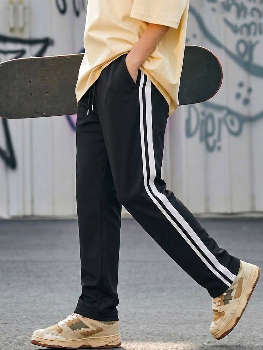 Men's Black Casual Sports Pants, Drawstring Waist With Side Stripe Design, Versatile Straight Leg, Autumn Style