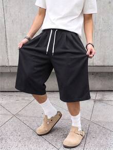 Men's Summer Casual 3/4 Pants, Drawstring Waist, Fashionable And Comfortable, Suitable For Daily Wear And Outdoor Sports Fall Black - Black - View 4