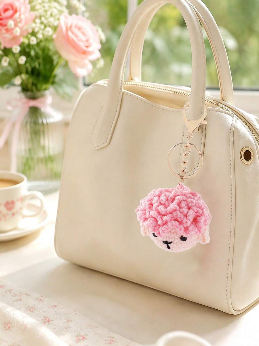 1pc Cute Handmade Crochet 3D Pink Sheep Bag Charm Keychain, Girly Style Daily Accessory, Holiday Gift - Pink - View 1