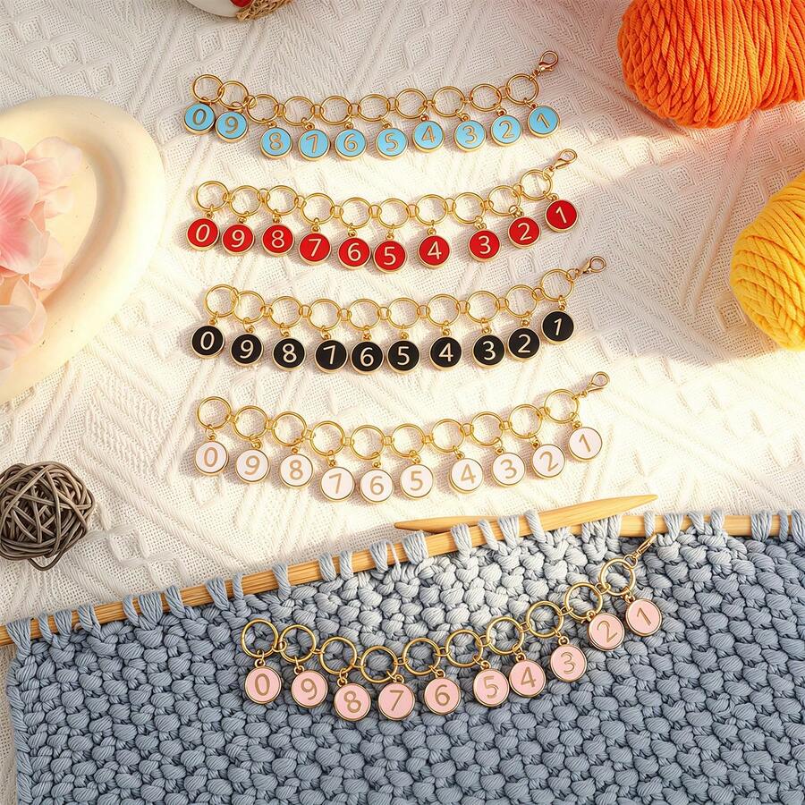 1 Set Enamel Number 0-9 Knitted Row Counter Chain, Locking Stitch Marker With Clasp, Suitable For Knitting, Crochet, Sewing Accessories - Fastener - View 1