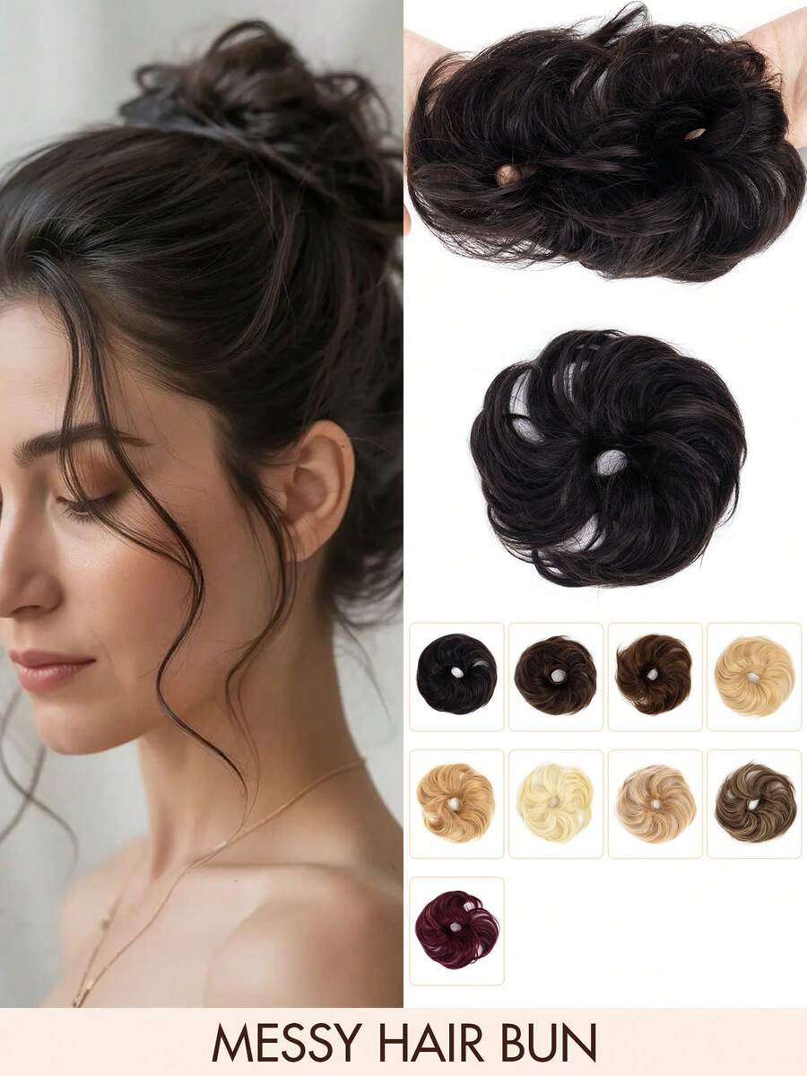 1 Pc Messy Hair Bun Updo Chignon With Elastic Hair Rope, Real Human Hair Extensions, Thick Tousled Wavy Curly Scrunchie Bun Ponytail Hair Accessory For Daily Elegant Hairstyles Women Halloween Costumes & Christmas - Multicolor - View 1