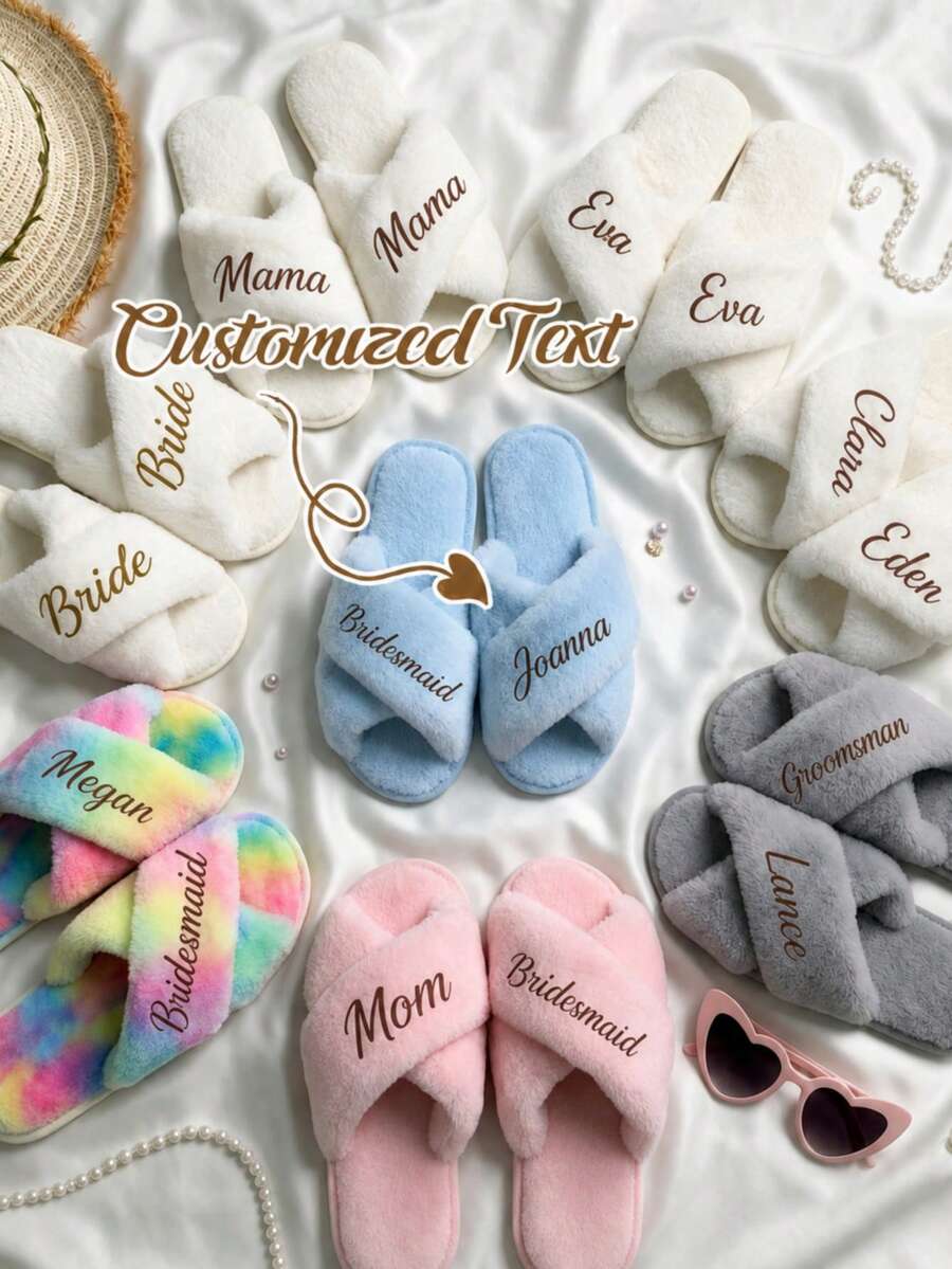 Customized Plush Bridal Slippers, Personalized Bridesmaid Slippers For Wedding Party, Soft Plush Slippers For Bride And Bridesmaid, Custom Wedding Gif - Multicolor - View 1