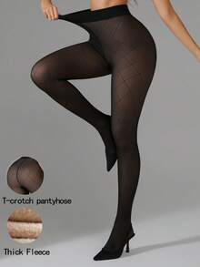 Élanzette 1pc 200g Women Fleece Lined Tights, Winter Faux Sheer Skin Tone Pantyhose, Jacquard Diamond Pattern, Holiday Wear, 5-15°C - Multicolor - View 7