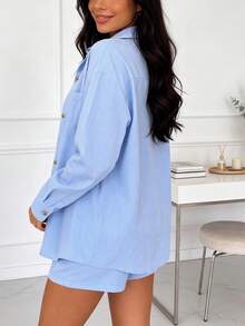 Women's 3-Piece Summer Set Shirt, Minimalist Vacation PJ Set Elegant - Sky Blue - View 10