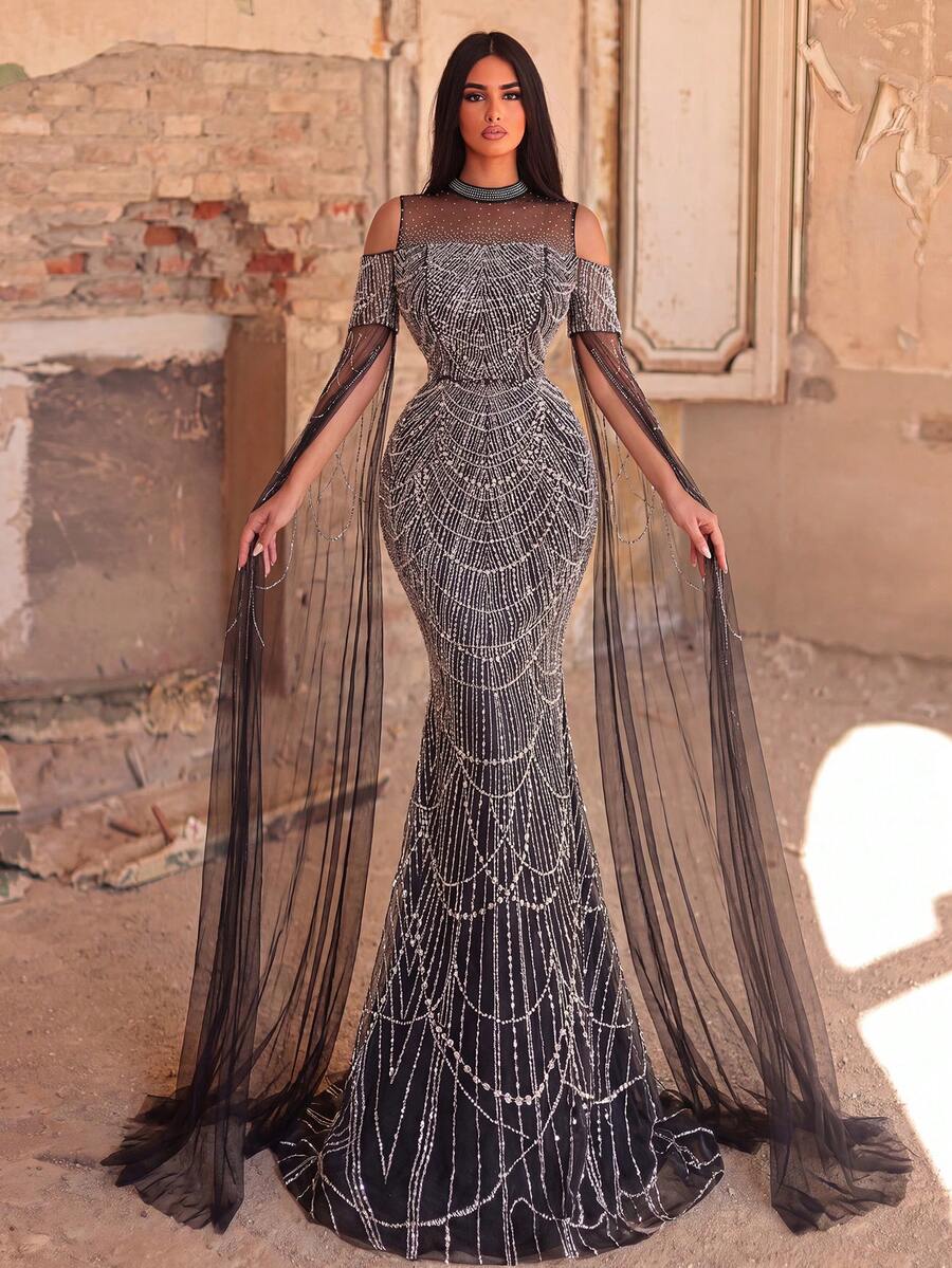 Faeriesty Premium Luxury Rhinestone Sequin Evening Gown With Extra Long Sleeves And Beaded Detail Black Wedding Party Fall
