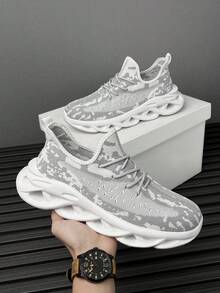 Men's Vintage Camouflage Pattern Mesh Blade Thick Sole Athletic Shoes, Outdoor Commute Comfortable Versatile Casual Sneakers - white ash - View 3