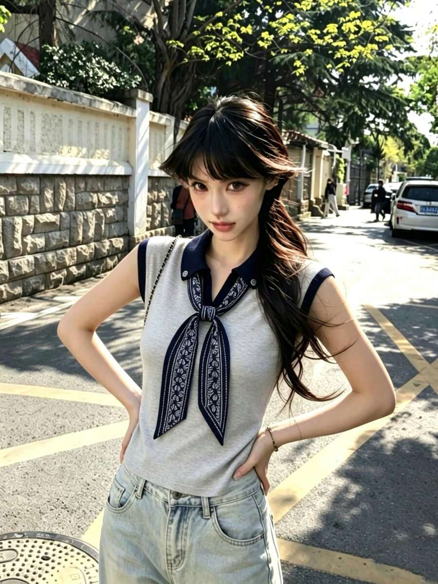 1件女款 Polo 領無袖針織上衣,領口蝴蝶結圍巾設計,修身圓領夏季背心 - 灰色 - 查看 1