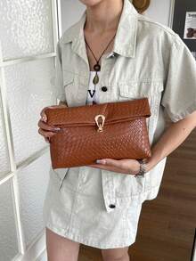 Solid Color PU Leather, Lightweight Large Capacity Flip Magnetic Buckle Small Square Bag, Multifunctional Party And Dinner Bag, Suitable For Women - 棕色 - 查看 6