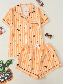Set Piyama Wanita Motif Halloween Lengan Pendek Model Bubble Crinkle - Jeruk - View 1