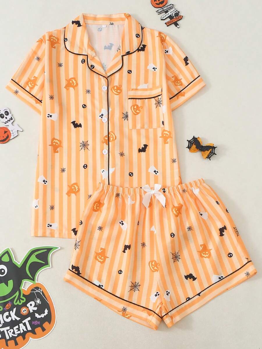 Set Piyama Wanita Motif Halloween Lengan Pendek Model Bubble Crinkle - Jeruk - View 1
