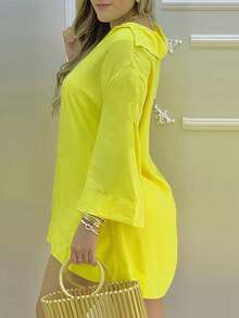 Casual Solid Color Elegant Long Sleeve Top And Shorts 2 Pieces Set For Daily Wear All Seasons - Yellow - View 3