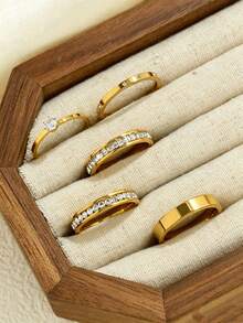 5pcs Elegant Stainless Steel Round & Square Single Row Zirconia Rings Set, Suitable For Daily Wear, Date, Party, Holiday, Gentle Accessories For Women - Gold - View 5