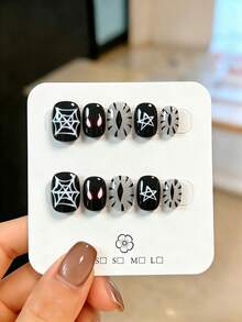 10pcs Handmade Press-On False Nails, Short Square Round Shape, Halloween Eve Y2K Baddie Style, Hand-Painted Spider Web + Red Spider Eye + Silver Glitter Leopard Print Vertical Eye, Unique Niche Design For Girls, Suitable For Halloween Outfit And Daily Wear, Includes Tool Kit - Black - View 9