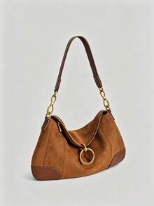 1pc Camel Color Suede Patchwork Shoulder Bag, Niche Design Underarm Bag, Round Pendant Handbag, Fashion Commute Vintage Texture Women's Bag, Daily Casual Clutch - Camel - View 7