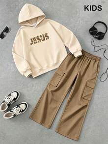 2pcs/Set Tween Boys Hoodie And Casual Cargo Pants Set, Cross Print Design, Comfortable Autumn/Winter New Outfit - Apricot - View 3