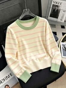 GIGOGOU New Basic Style Autumn/Winter Women's Casual Knit Striped Sweater Long Sleeve Pullover Soft And Comfortable - Apricot - View 7