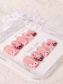 10 Peças Unhas Postiças Quadradas Médias Feitas à Mão, Base Nude com Pontas Francesas em Poá Bordô, Decoração 3D de Flor de Cerejeira e Contas Douradas, Unhas Falsas Românticas Reutilizáveis de Ajuste Fino, Adequadas para Uso Diário, Encontros, Casamento, Festa, Viagem, Presente Popular de Arte de Unhas para Mulheres - Rosa Bebê - Visão 7