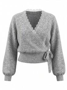 Chic Women's V-Neck Wrap Sweater In Light Grey, Soft Knit With Delicate Lace Edge, Casual Daily Wear Or Spring Outings - Light Grey - View 7
