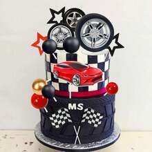 1 Set 27pcs/13pcs Racing Theme Cake Decorations, Including Tires, Checkered Flags, Stars And Mini Black, Red And Gold Spherical Cake Decorations, Suitable For Men's Racing Theme Birthday Party Cake Decoration (Please Use With White Sticks And Trays) - Multicolor - View 3