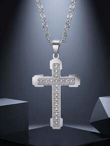 Rhinestone Cross Pendant Necklace For Women Men Gold Stainless Steel Chain Jesus Cross Jewelry, Bling Religious Fashion Necklace Gift - Gold - View 7