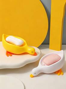 Duck-Shaped Soap Dish, Multi-Functional Cosmetic And Jewelry Storage Tray, White And Yellow Desktop Decor, Bathroom Accessory, Non-Slip Soap Holder, Vanity Storage Tray, Minimalist Home Essential, Bathroom Must-Have - Multicolor - View 5
