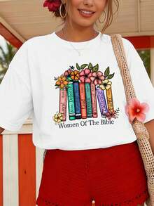 Maglietta avec le timbre floral "Women Of The Bible" pour l'automne, en coton morbide, girocollo, vestibilità comoda, style street hip-hop. - Blanc - Voir 1