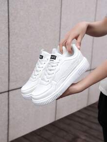 Women's Fashion White Skateboard Shoes, All-Season Lace-Up Sneakers, Lightweight Student Flat Sports Shoes, Unisex Casual Shoes - White - View 1