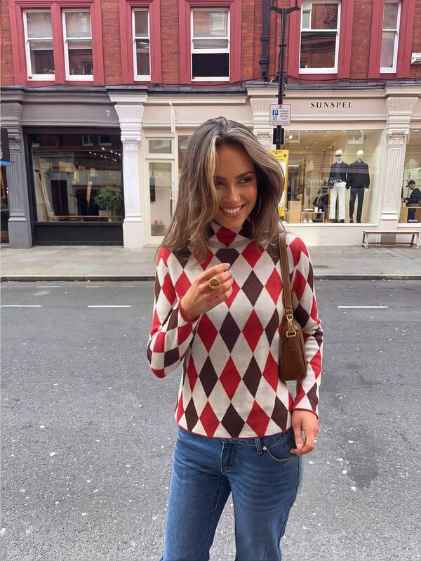 Spring/Autumn Fashion Argyle Mock Neck Women's Base Layer Top (Non-Positioned Argyle) Fall