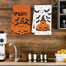 2 Stück Halloween gruseliger Hexenhut Kürbis Fledermaus Muster saugfähige Küchentücher, Mehrzweck Geschirrtücher, geeignet für Herbst Küche gruselige Saison Dekoration Feiertagsgeschenke - Verschiedenfarbig - Übersicht 2